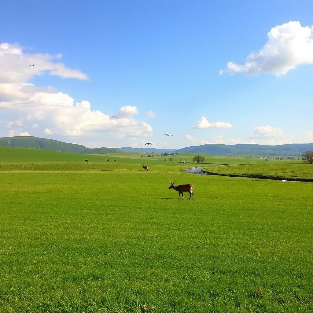A serene landscape featuring a lush green meadow under a clear blue sky with a few fluffy white clouds