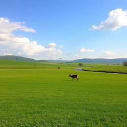 A serene landscape featuring a lush green meadow under a clear blue sky with a few fluffy white clouds