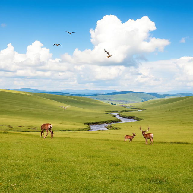 A serene landscape featuring a lush green meadow under a clear blue sky with a few fluffy white clouds