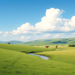 A serene landscape featuring a lush green meadow under a clear blue sky with a few fluffy white clouds