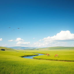 A serene landscape featuring a lush green meadow under a clear blue sky with a few fluffy white clouds