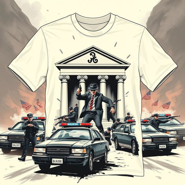 Create an image of a cream-colored shirt featuring a dramatic scene of a bank robbery surrounded by police