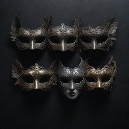 A dark and dramatic art piece featuring five ominous masquerade masks without feathers, all designed with dreary tones and intricate, haunting details