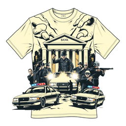 Create an image of a cream-colored shirt featuring a dramatic scene of a bank robbery surrounded by police