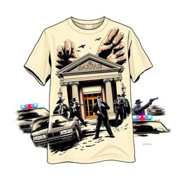 Create an image of a cream-colored shirt featuring a dramatic scene of a bank robbery surrounded by police