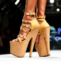 A detailed image of extreme wedge sandals with an eye-catching and avant-garde design