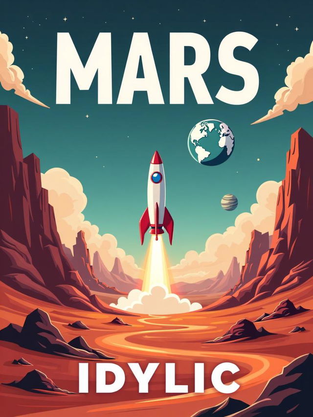 Book cover with a Martian landscape and a rocketship launching in the background, Earth in the distance, title 'MARS' at the top in Paytone One font, and author 'IDYLLIC' at the bottom in Paytone One font, all in bold white color