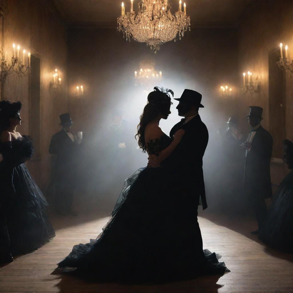 A mystical scene illustrating a masquerade ball where the shadows themselves are dancing, creating an eerie yet captivating spectacle