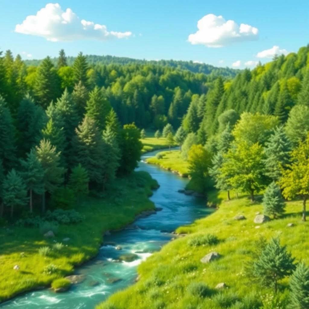 Create a beautiful landscape featuring a serene forest with a clear river flowing through it