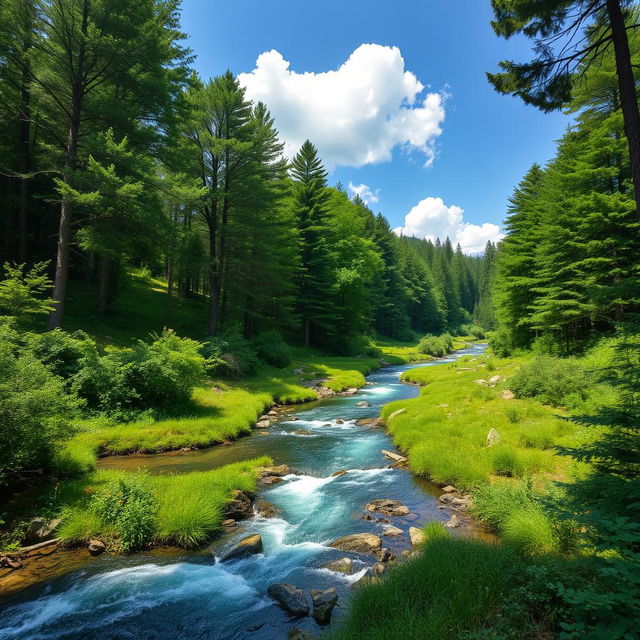 Create a beautiful landscape featuring a serene forest with a clear river flowing through it