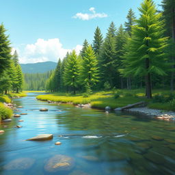 Create a beautiful landscape featuring a serene forest with a clear river flowing through it