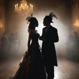 A mystical scene illustrating a masquerade ball where the shadows themselves are dancing, creating an eerie yet captivating spectacle