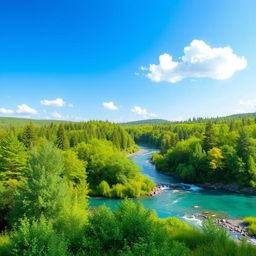 Create a beautiful landscape featuring a serene forest with a clear river flowing through it