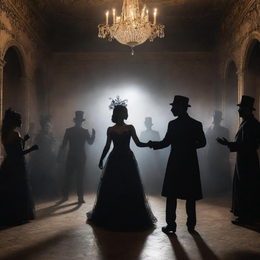 A mystical scene illustrating a masquerade ball where the shadows themselves are dancing, creating an eerie yet captivating spectacle