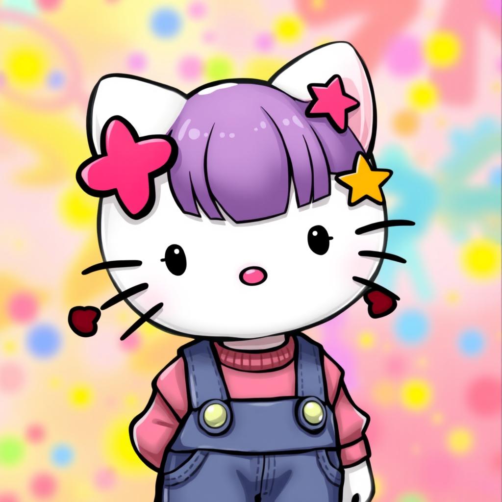 A depiction of Hello Kitty with dark red small pigtails, wearing Y2K style clothes