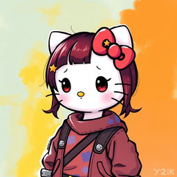 A depiction of Hello Kitty with dark red small pigtails, wearing Y2K style clothes