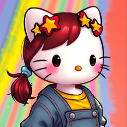 A depiction of Hello Kitty with dark red small pigtails, wearing Y2K style clothes