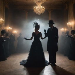 A mystical scene illustrating a masquerade ball where the shadows themselves are dancing, creating an eerie yet captivating spectacle