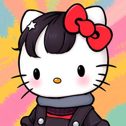 A depiction of Hello Kitty with dark red small pigtails, wearing Y2K style clothes