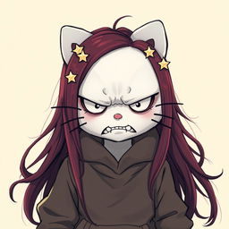 A depiction of Hello Kitty with a mad expression, featuring long dark red hair