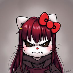 A depiction of Hello Kitty with a mad expression, featuring long dark red hair