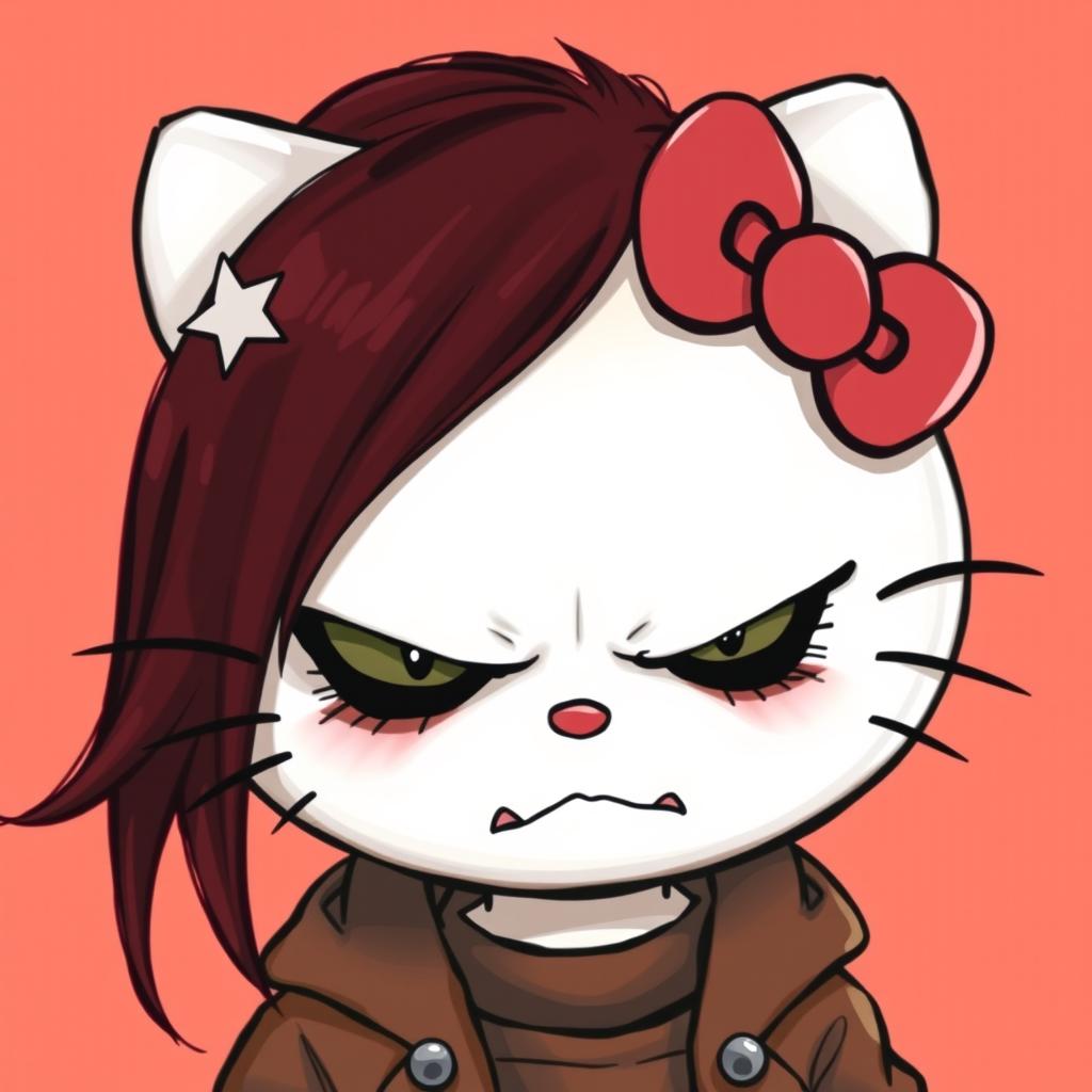 A depiction of Hello Kitty with a mad expression, featuring long dark red hair