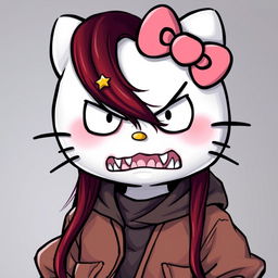 A depiction of Hello Kitty with a mad expression, featuring long dark red hair