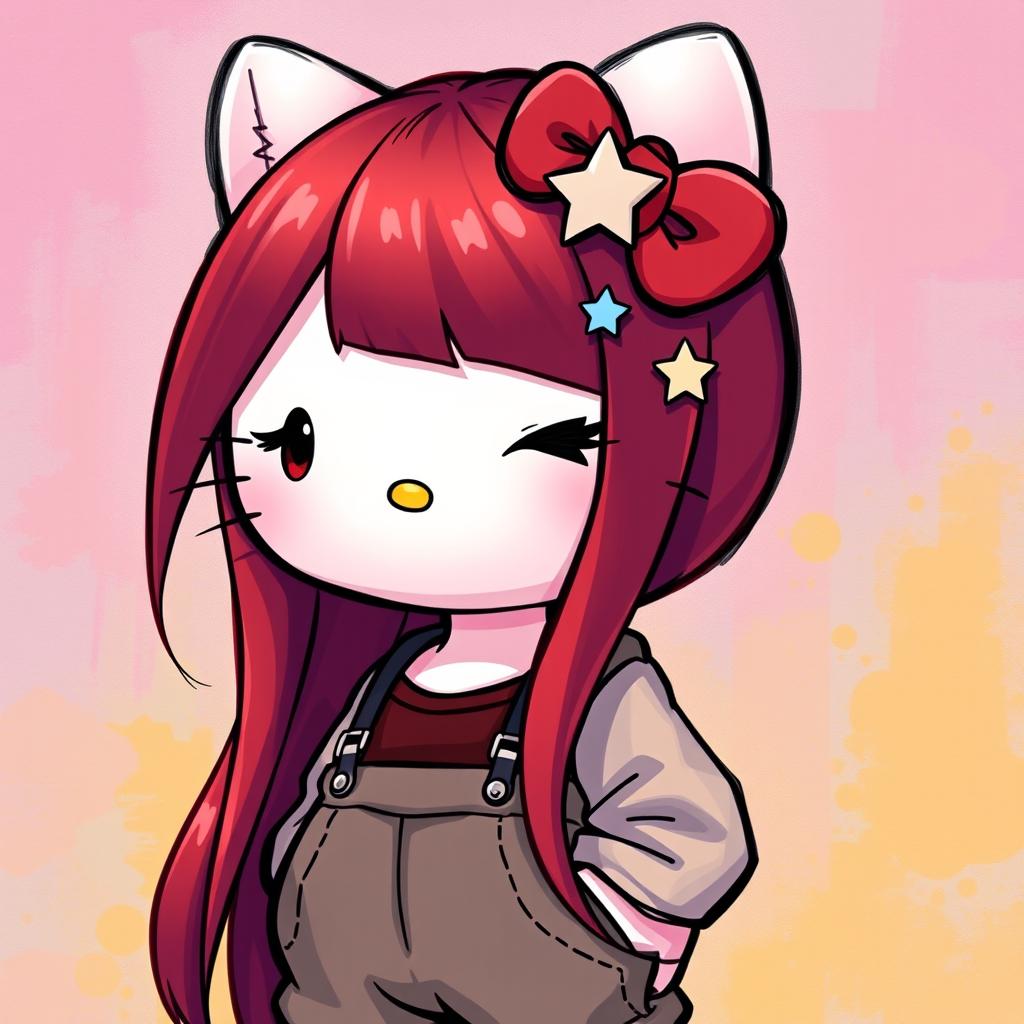 A depiction of Hello Kitty with long dark red hair, wearing baggy clothes