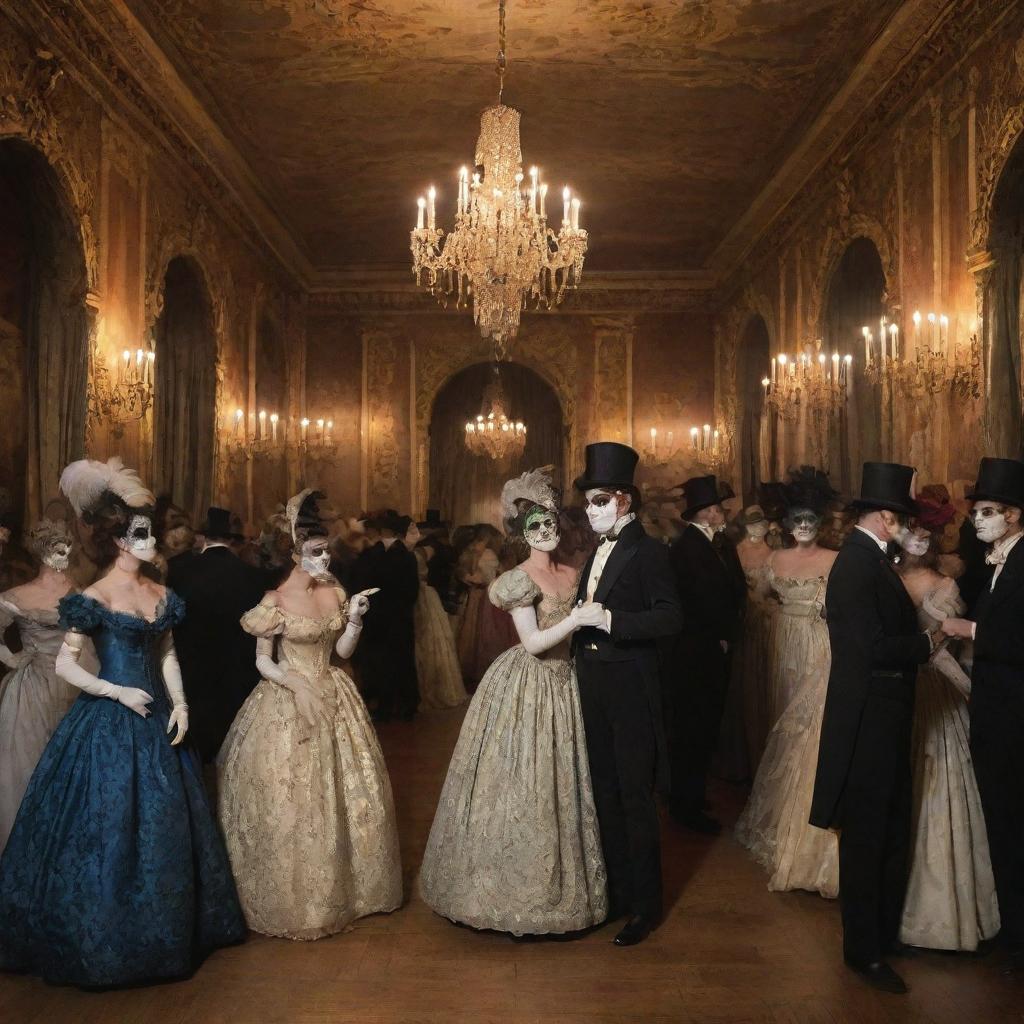 An 1830s period scene of a masquerade ball where the shadows dance around, amidst vintage costumes, ornate decorations, and antique architecture, celebrating the eerie charm of the bygone era