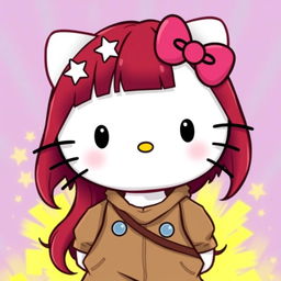 A depiction of Hello Kitty with long dark red hair, wearing baggy clothes