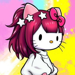 A depiction of Hello Kitty with long dark red hair, wearing baggy clothes