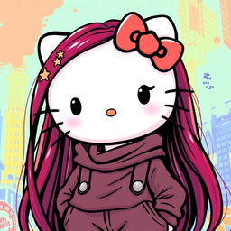 A depiction of Hello Kitty with long dark red hair, wearing baggy clothes