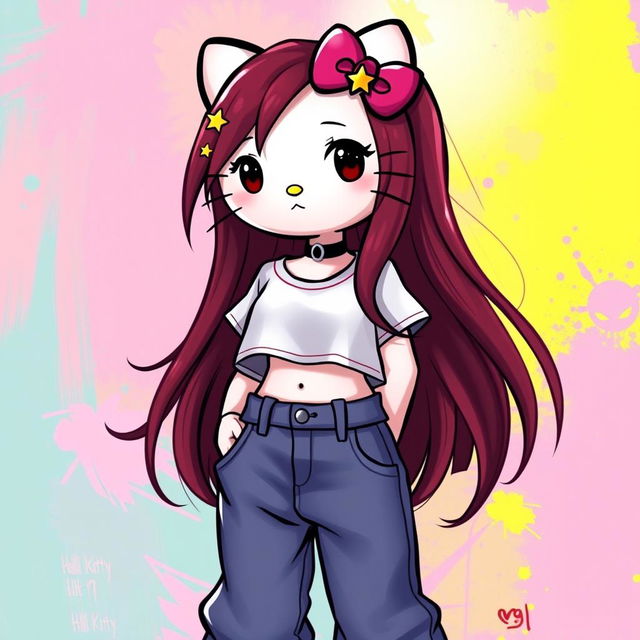 A depiction of Hello Kitty with long dark red hair, wearing a crop top and baggy jeans