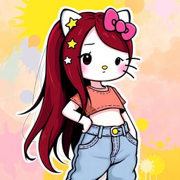 A depiction of Hello Kitty with long dark red hair, wearing a crop top and baggy jeans