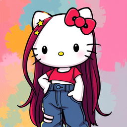 A depiction of Hello Kitty with long dark red hair, wearing a crop top and baggy jeans