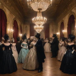 An 1830s period scene of a masquerade ball where the shadows dance around, amidst vintage costumes, ornate decorations, and antique architecture, celebrating the eerie charm of the bygone era