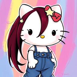 A depiction of Hello Kitty with long dark red hair, wearing a crop top and baggy jeans