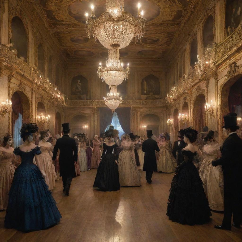 An 1830s period scene of a masquerade ball where the shadows dance around, amidst vintage costumes, ornate decorations, and antique architecture, celebrating the eerie charm of the bygone era