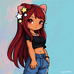 A depiction of Hello Kitty with long dark red hair and tan skin