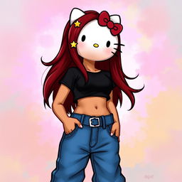 A depiction of Hello Kitty with long dark red hair and tan skin