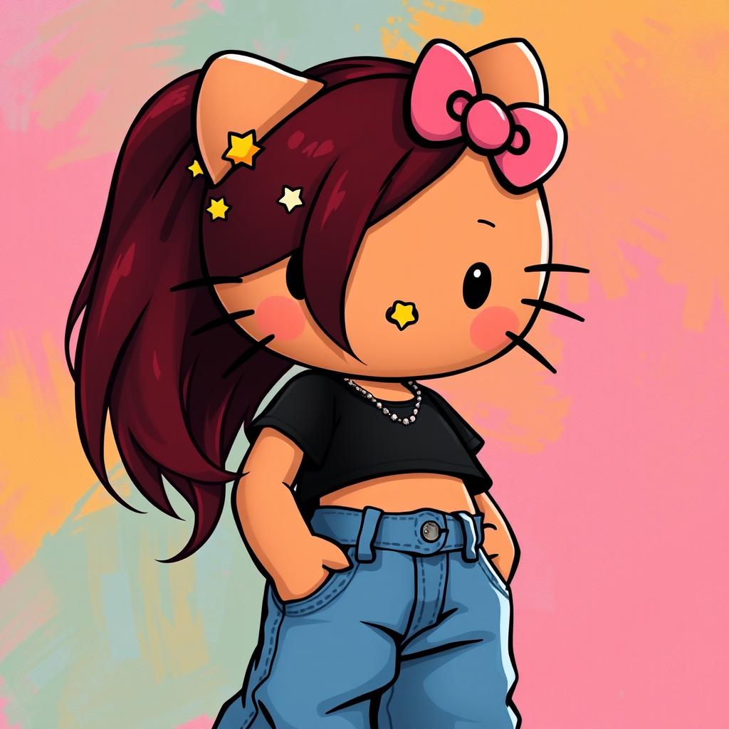 A depiction of Hello Kitty with long dark red hair and tan skin