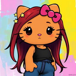 A depiction of Hello Kitty with long dark red hair and tan skin