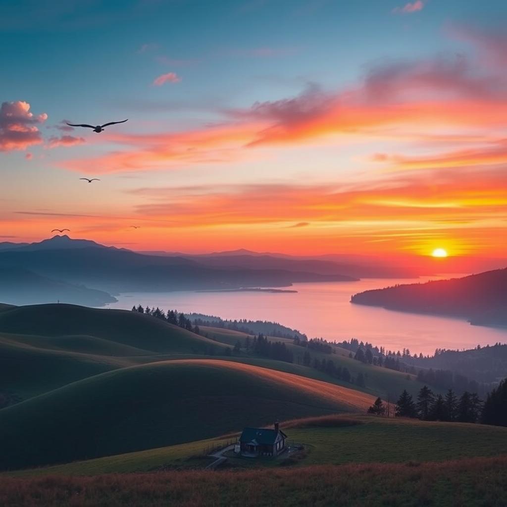 A beautiful landscape featuring rolling hills, a serene lake, and a vibrant sunset with hues of orange, pink, and purple