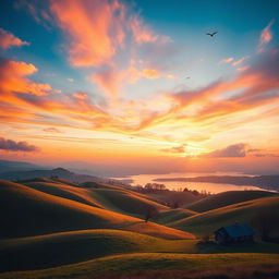 A beautiful landscape featuring rolling hills, a serene lake, and a vibrant sunset with hues of orange, pink, and purple