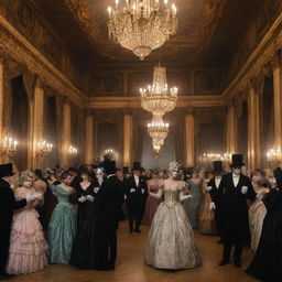 An 1830s period scene of a masquerade ball where the shadows dance around, amidst vintage costumes, ornate decorations, and antique architecture, celebrating the eerie charm of the bygone era