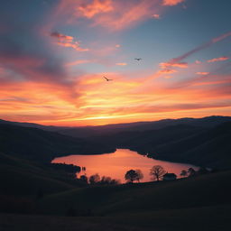 A beautiful landscape featuring rolling hills, a serene lake, and a vibrant sunset with hues of orange, pink, and purple