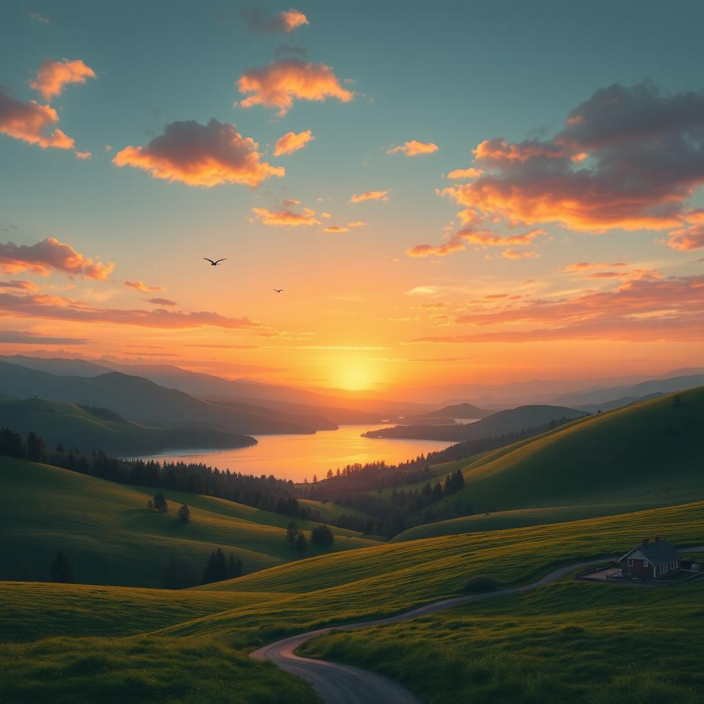 A beautiful landscape featuring rolling hills, a serene lake, and a vibrant sunset with hues of orange, pink, and purple