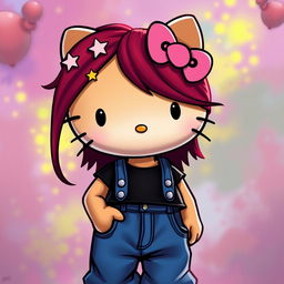 A depiction of Hello Kitty with long dark red hair and tan skin, wearing a black crop top and blue baggy jeans