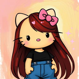 A depiction of Hello Kitty with long dark red hair and tan skin, wearing a black crop top and blue baggy jeans