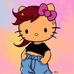 A depiction of Hello Kitty with long dark red hair and tan skin, wearing a black crop top and blue baggy jeans